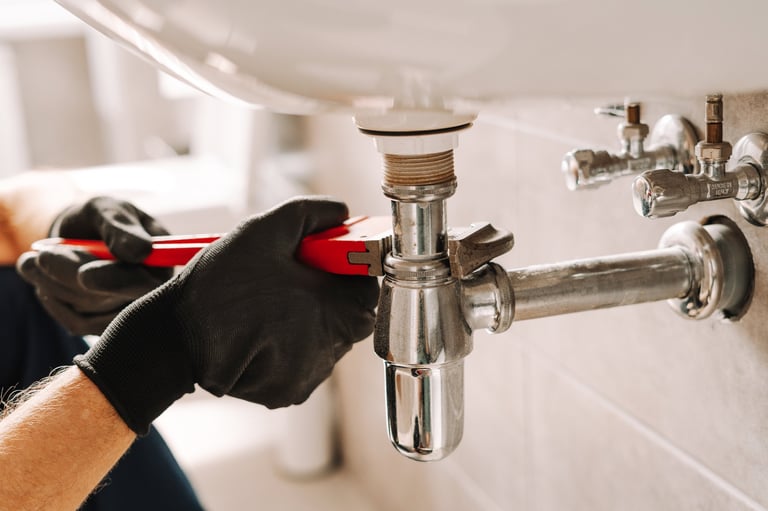 Professional plumber working on bathroom sink plumbing