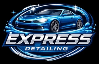 Express Detailing logo featuring a glossy blue sports car surrounded by blue circular design elements on black background